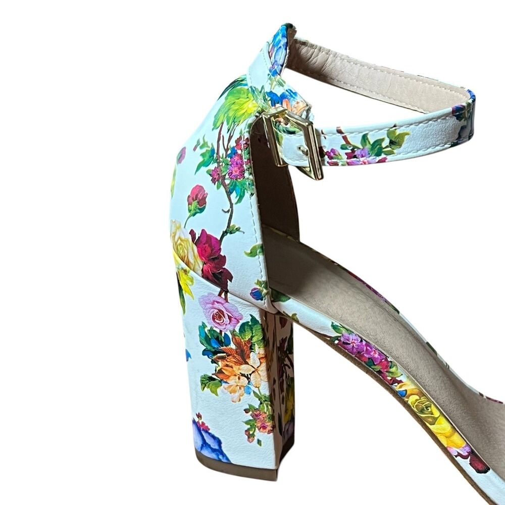 Madden Girl Heeled Sandals Women's Sz 7.5 White Floral Brigid Ankle Strap Spring - Picture 11 of 13